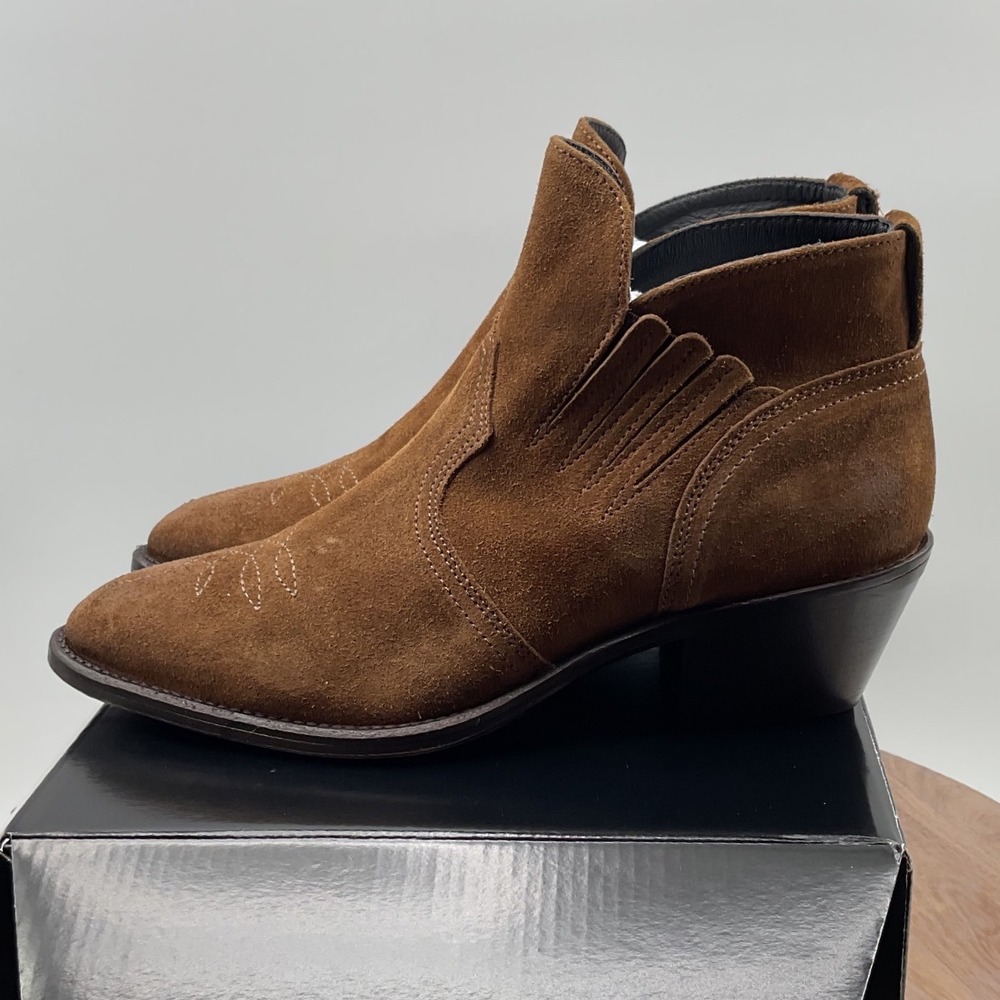 All saint Brown Suede Western Ankle Boots Made in Portugal Almond Toe Block Heel